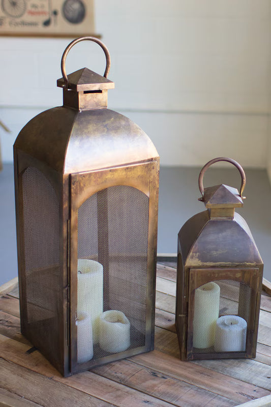 Set of 2 Antique Bronze Lanterns With Wire Screen