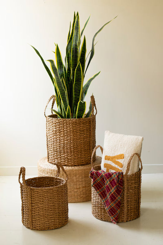 Set of 3 Round Braided Seagrass Storage Basket with Handles