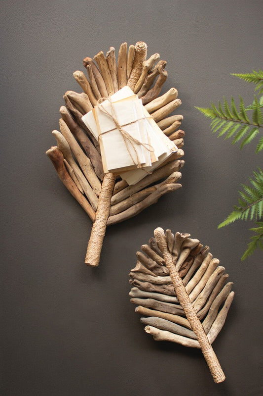 Set of 2 Driftwood Leaf Trays with Abaca Detail