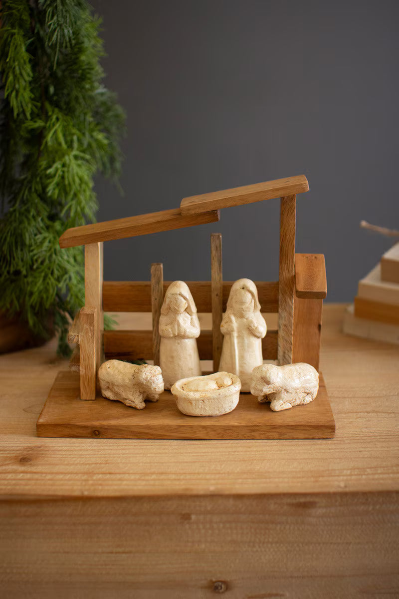 Wooden Nativity with Paper Mache Figures