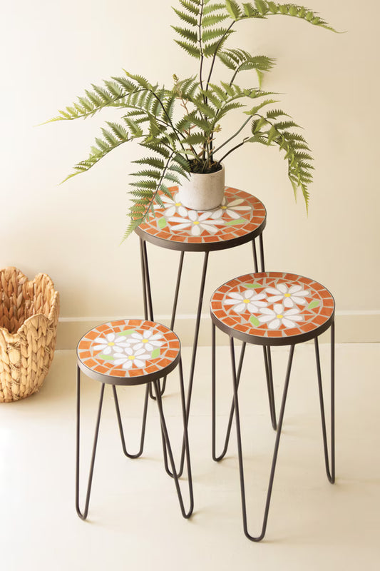 Set of 3 Nesting Mosaic Tile Tables with Metal Bases