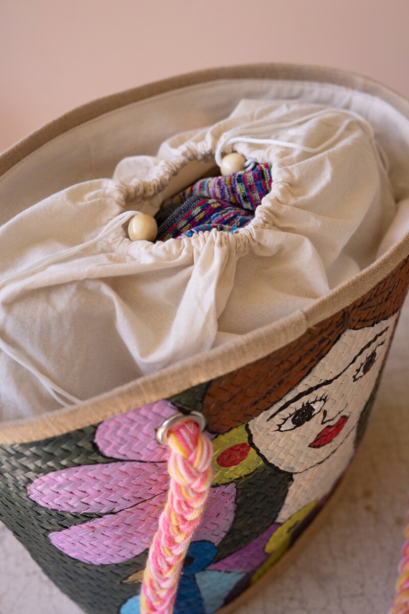Girl with Blue Birds Hand-Painted Seagrass Bag