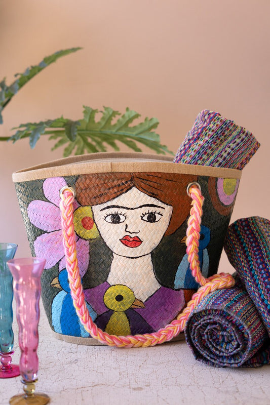 Girl with Blue Birds Hand-Painted Seagrass Bag
