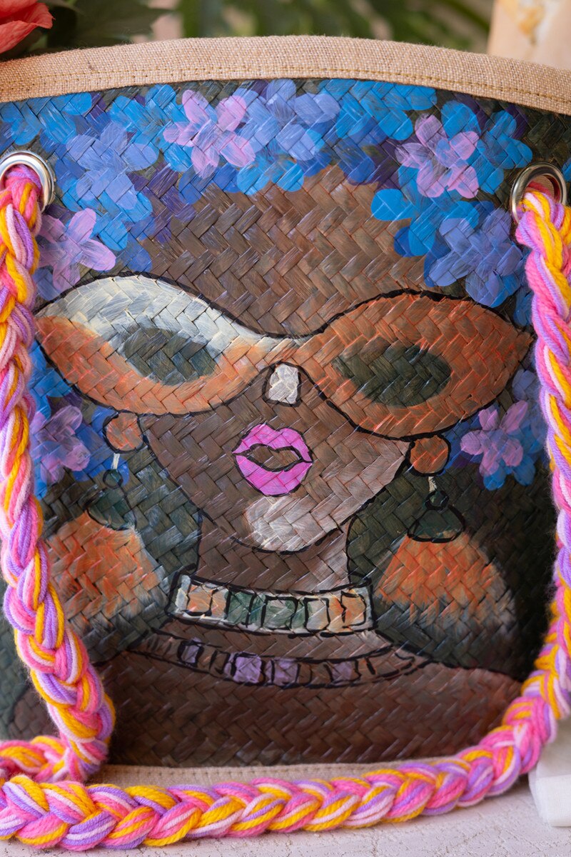 Girl with Sunglasses Hand-Painted Seagrass Bag