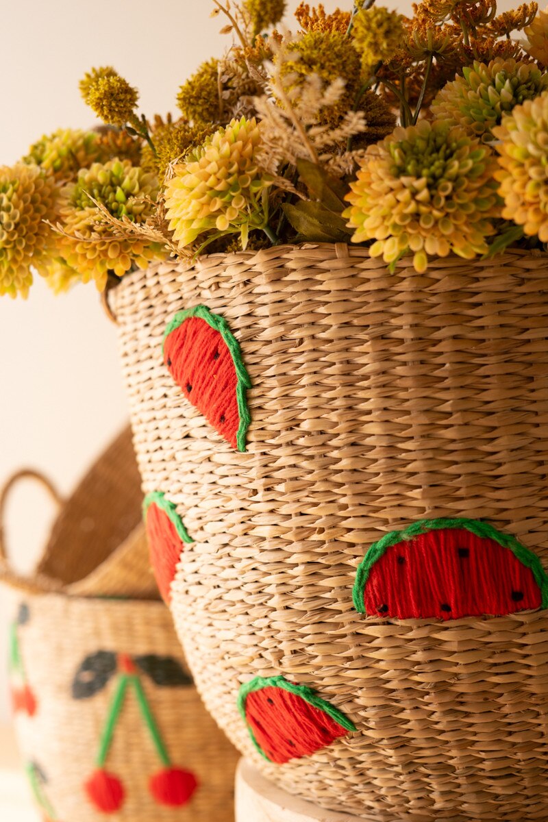 Set of 3 Seagrass Baskets with Embroidered Fruit