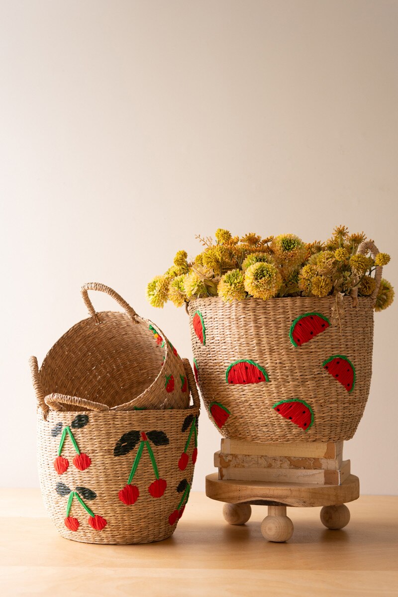 Set of 3 Seagrass Baskets with Embroidered Fruit