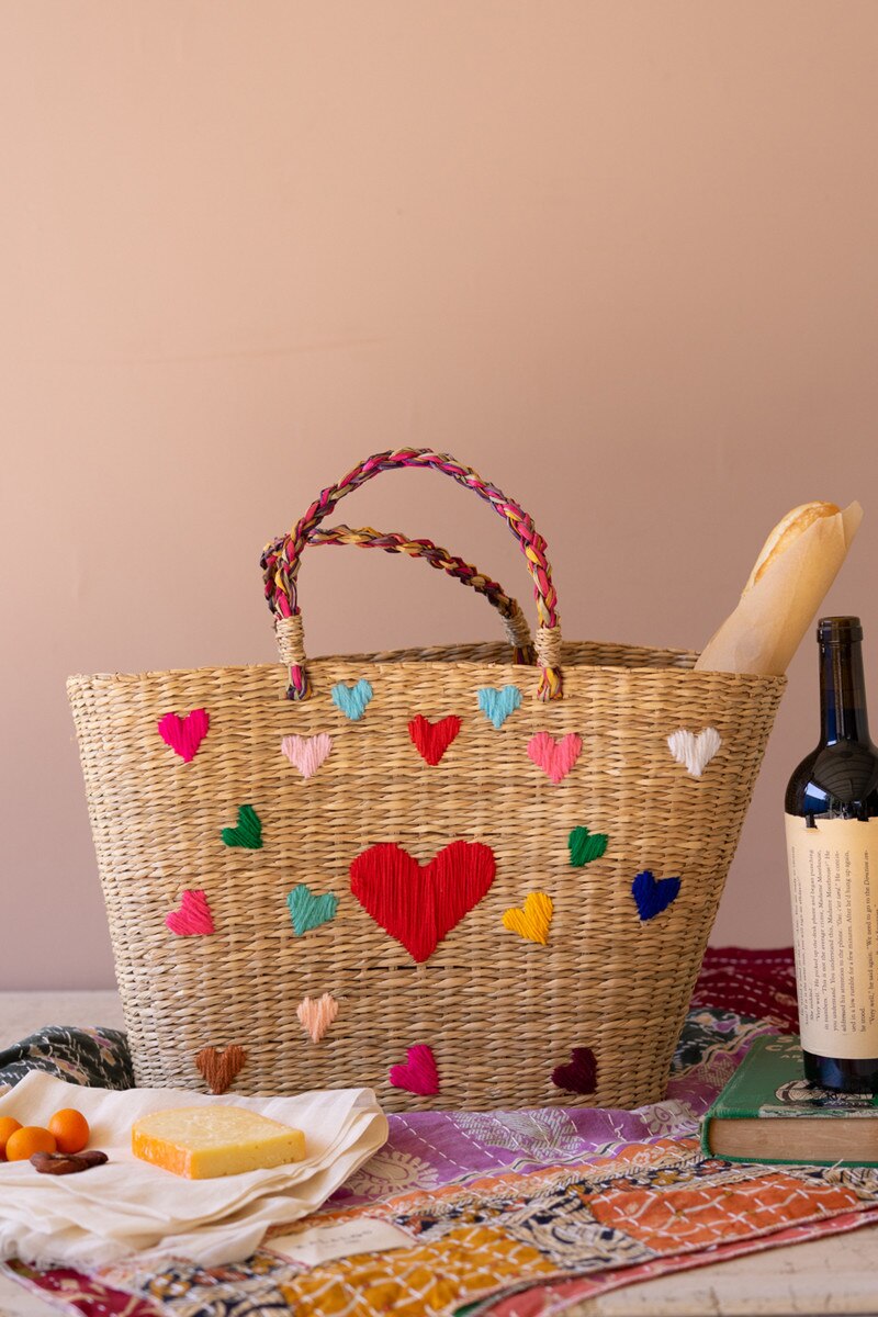 Seagrass Basket with Embroidered Hearts