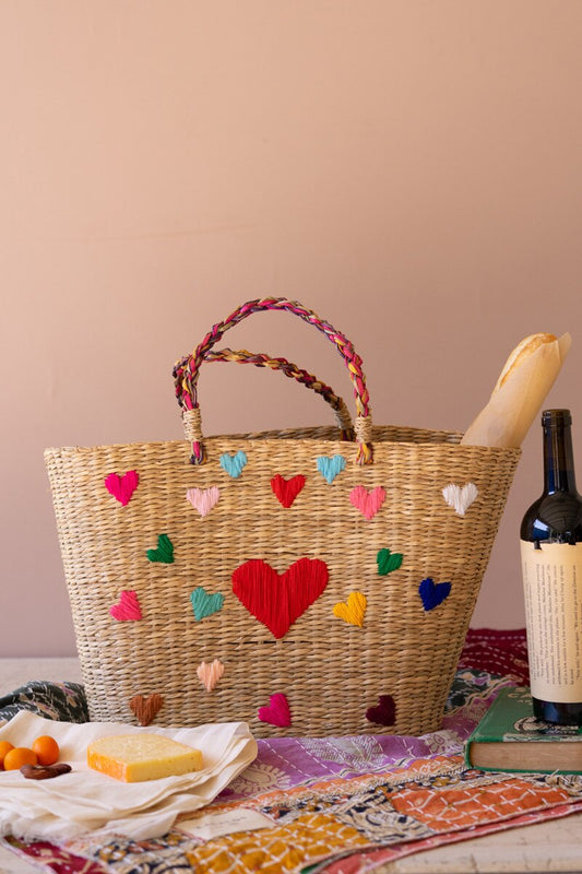 Seagrass Basket with Embroidered Hearts