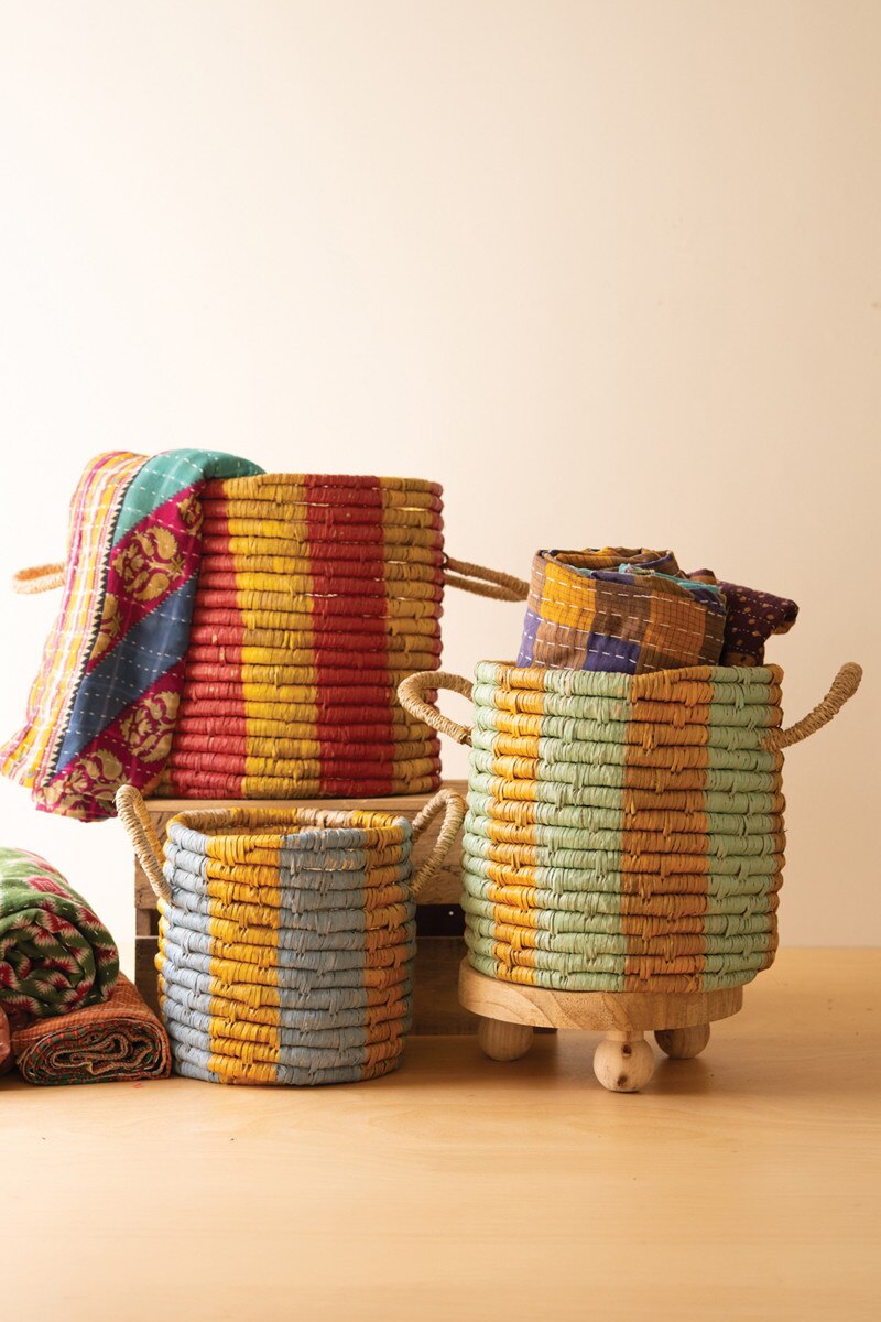 Set of 3 Seagrass Baskets with Hand-Painted Multi-Colored Stripes