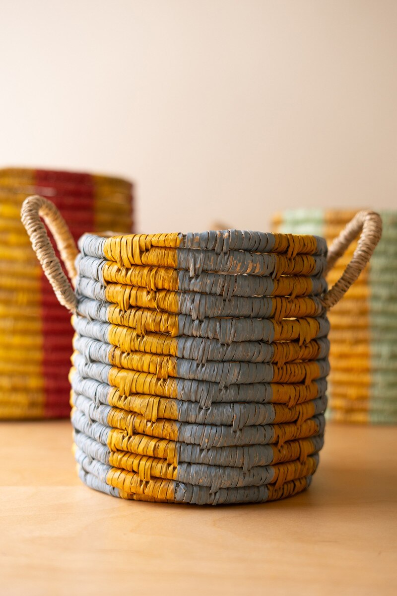 Set of 3 Seagrass Baskets with Hand-Painted Multi-Colored Stripes