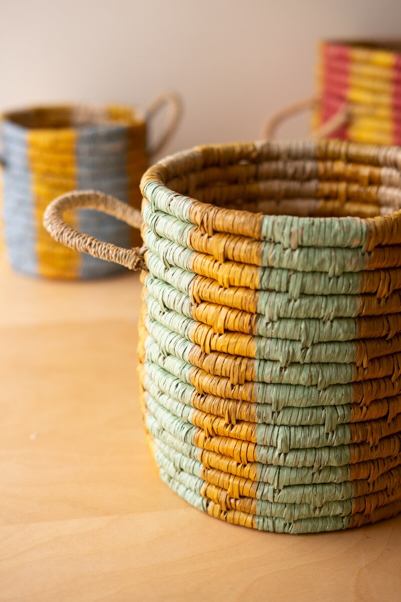Set of 3 Seagrass Baskets with Hand-Painted Multi-Colored Stripes
