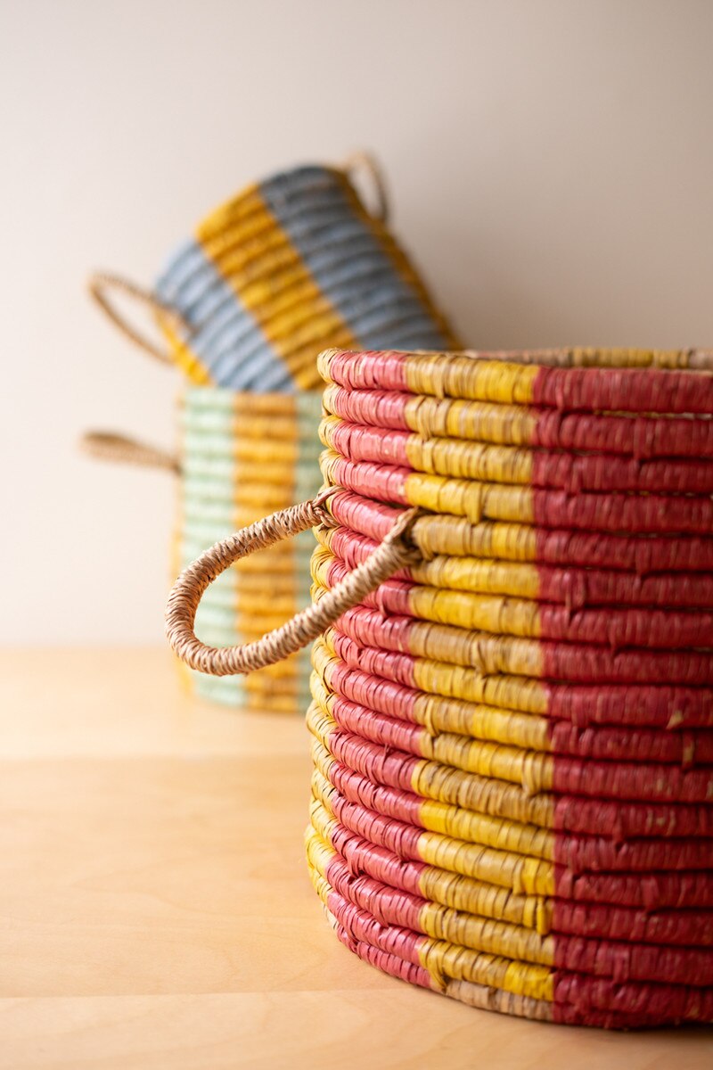 Set of 3 Seagrass Baskets with Hand-Painted Multi-Colored Stripes