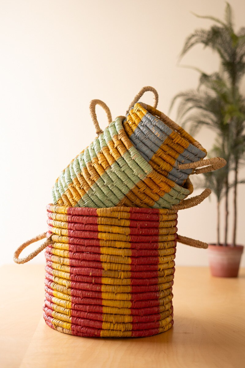 Set of 3 Seagrass Baskets with Hand-Painted Multi-Colored Stripes