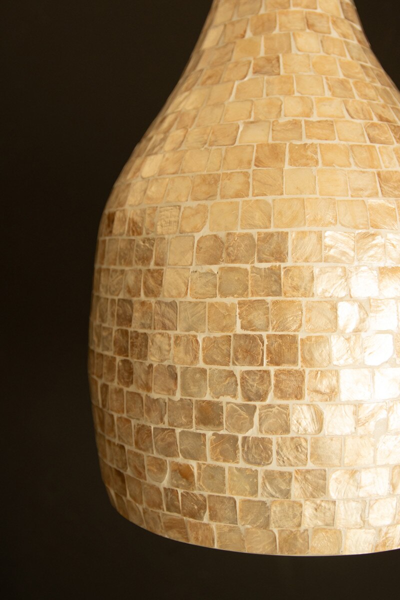 Teardrop Spun Bamboo Pendant Light with Neutral Capiz Shell Detail