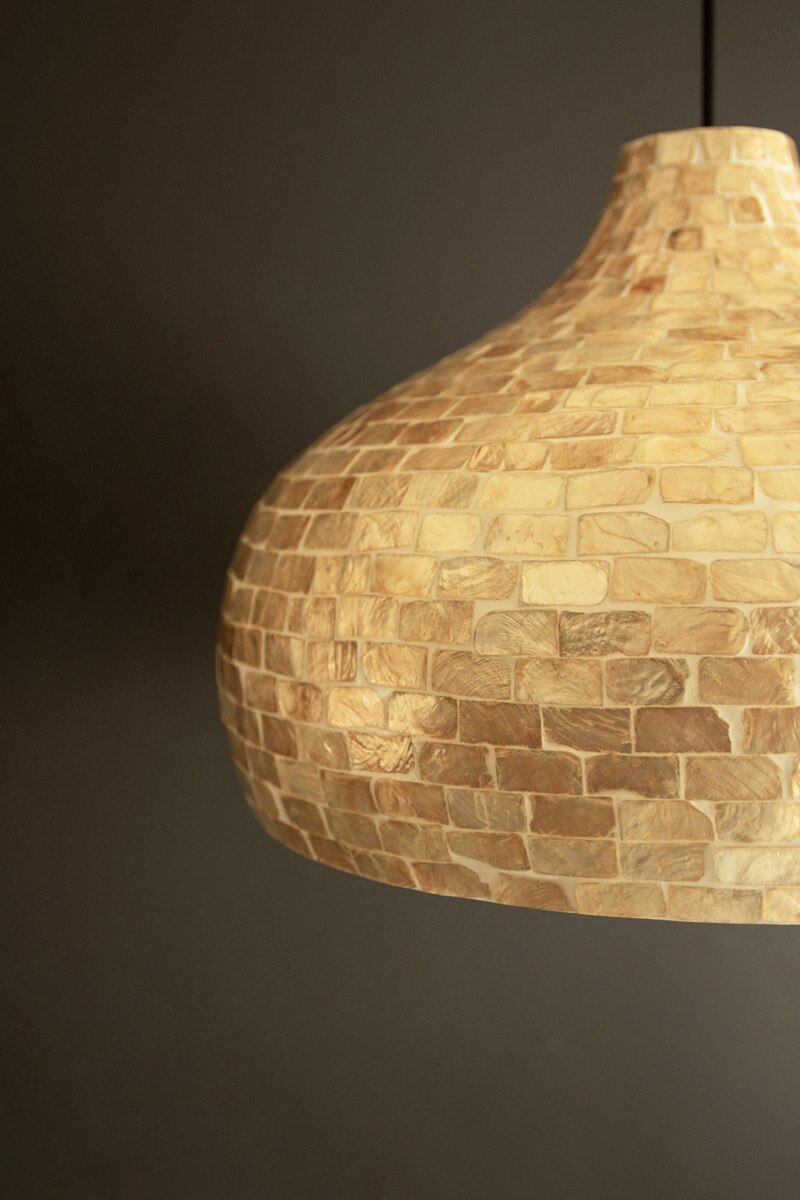 Dome Spun Bamboo Pendant Light with Neutral Capiz Shell Detail