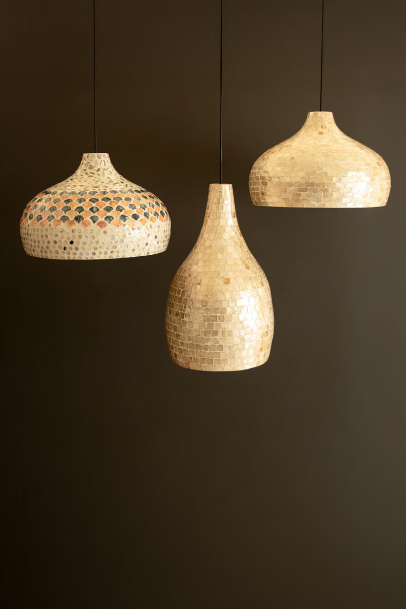 Dome Spun Bamboo Pendant Light with Blue and Orange Capiz Shell Detail