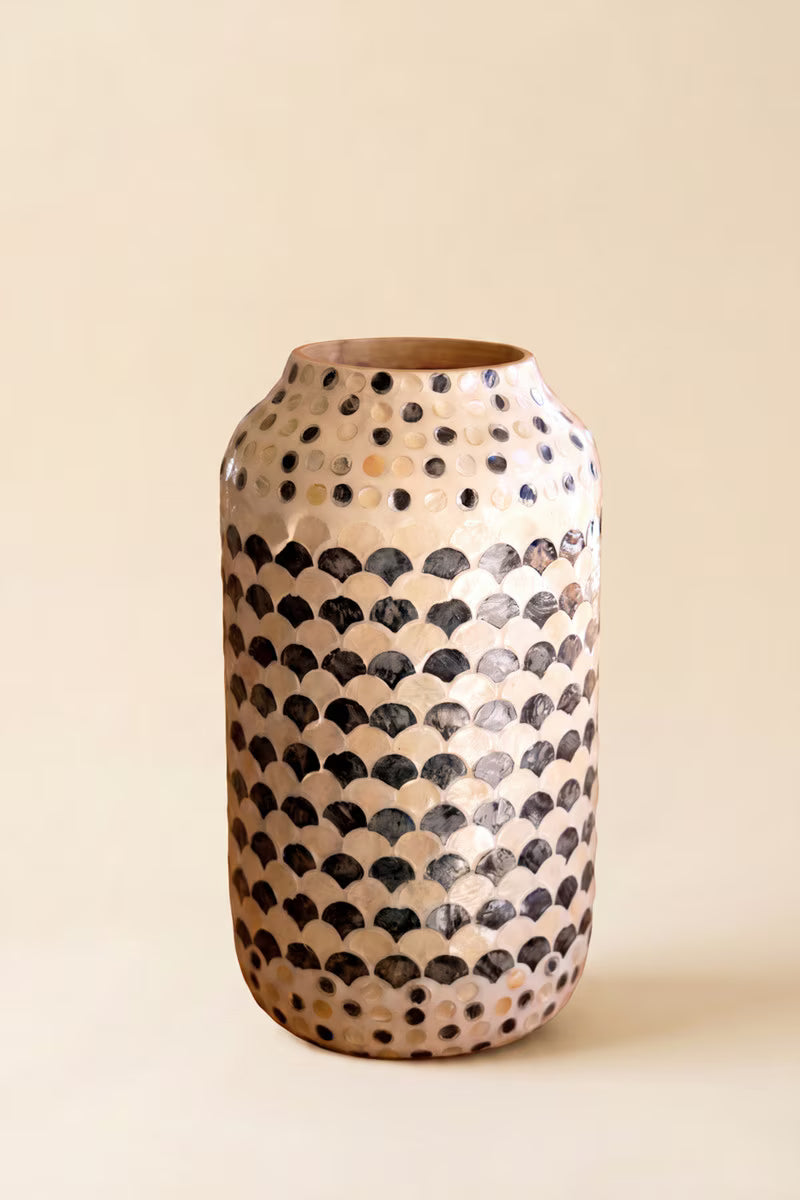 Spun Bamboo Vase with Multi-Color Capiz Shell Detail