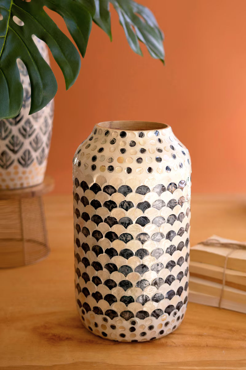 Spun Bamboo Vase with Multi-Color Capiz Shell Detail