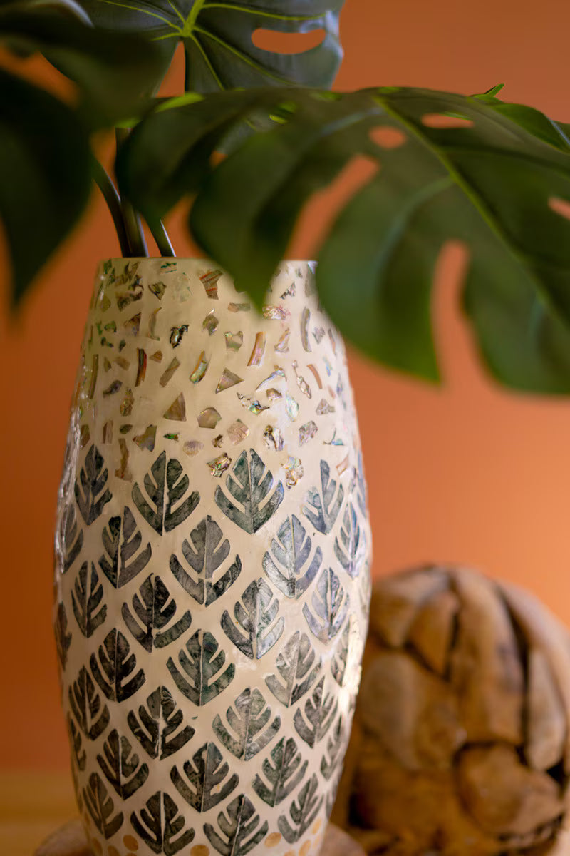 Spun Bamboo Vase with Multi-Color Capiz Shell Detail