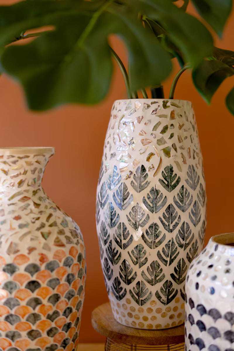 Spun Bamboo Vase with Multi-Color Capiz Shell Detail