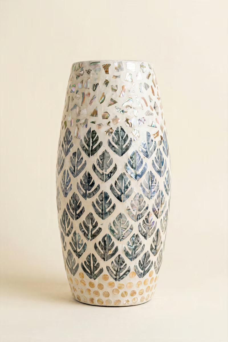 Spun Bamboo Vase with Multi-Color Capiz Shell Detail