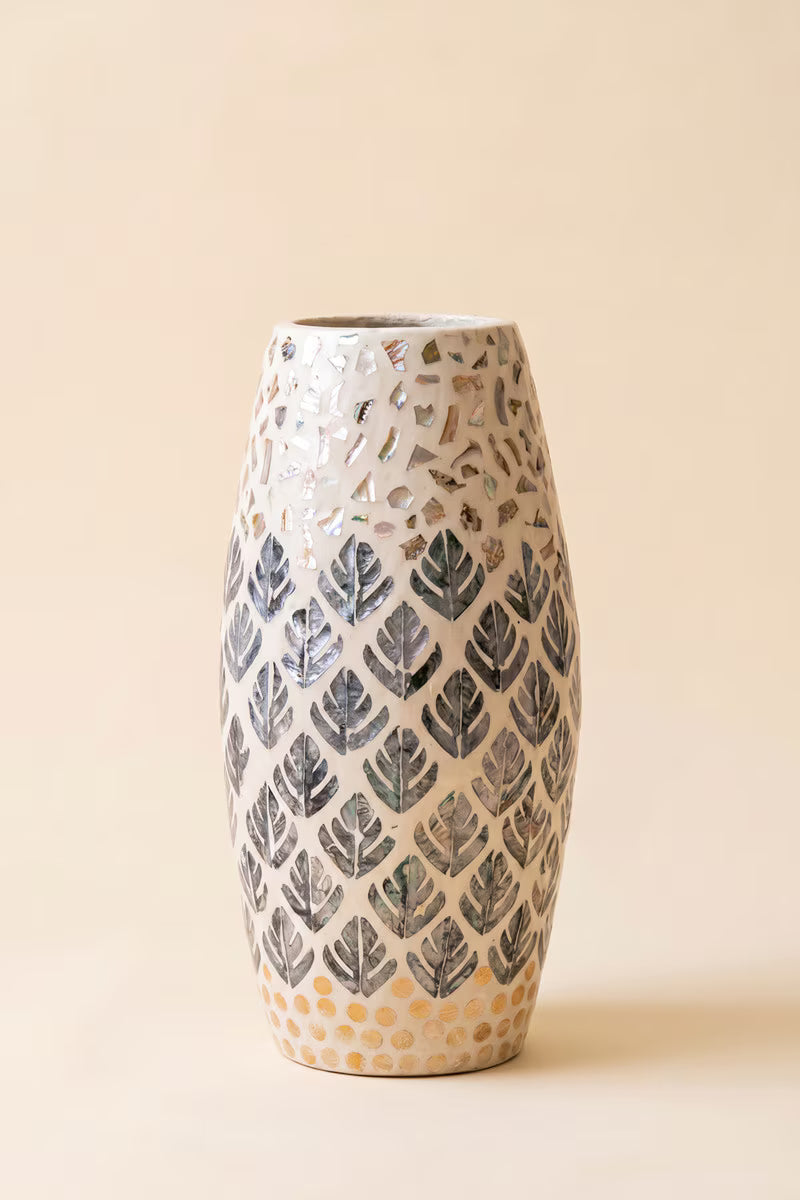 Spun Bamboo Vase with Multi-Color Capiz Shell Detail