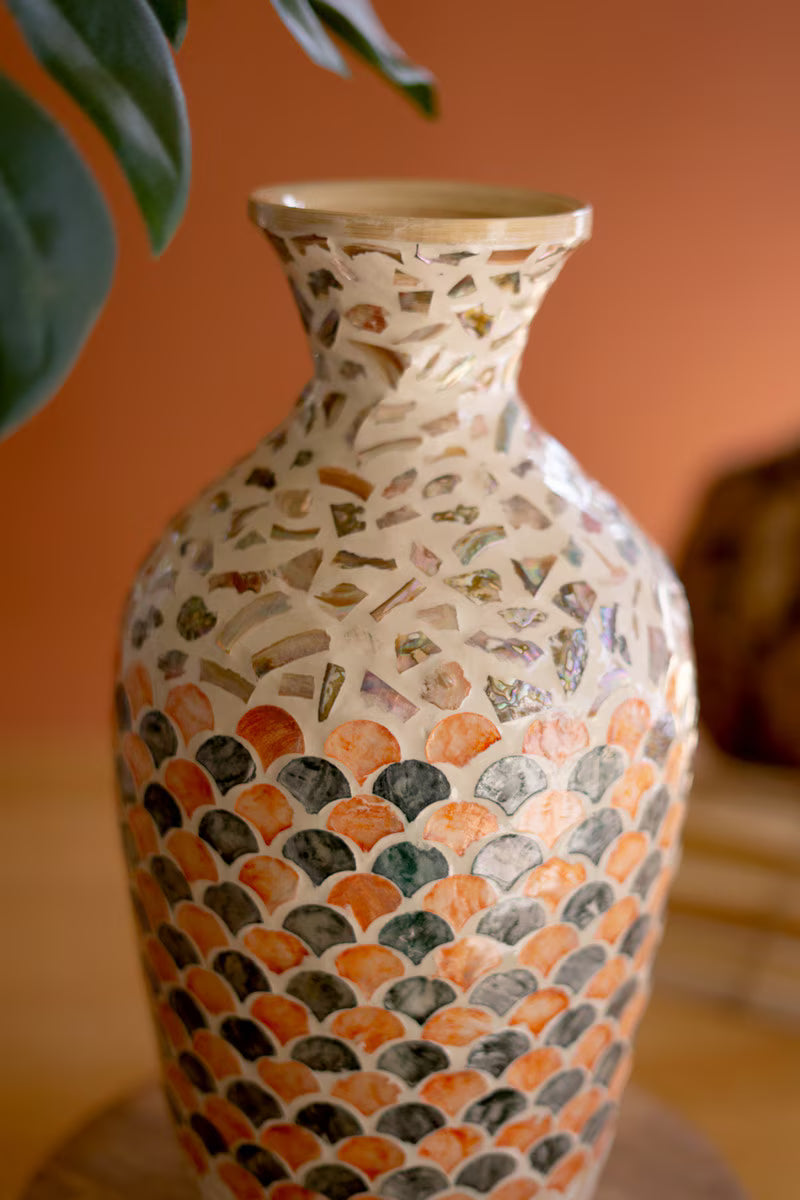 Spun Bamboo Vase with Multi-Color Capiz Shell Detail