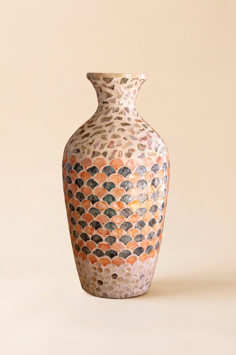 Spun Bamboo Vase with Multi-Color Capiz Shell Detail