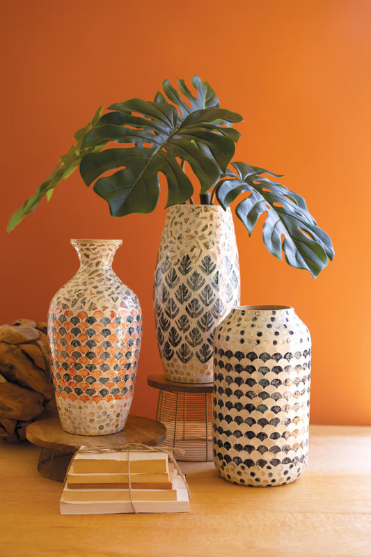 Spun Bamboo Vase with Multi-Color Capiz Shell Detail