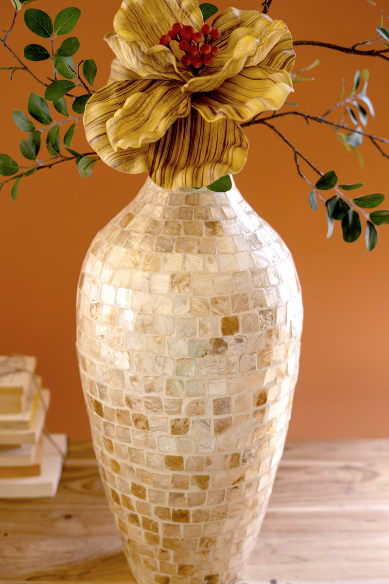 Tall Spun Bamboo Vase with Neutral Capiz Shell Detail