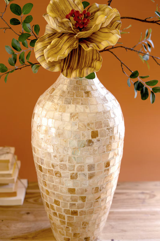 Tall Spun Bamboo Vase with Neutral Capiz Shell Detail