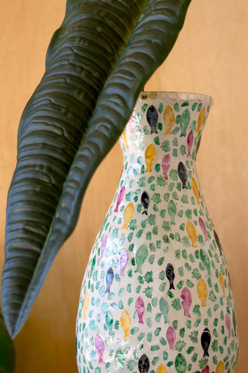Tall Spun Bamboo Vase with Capiz Shell Fish Detail
