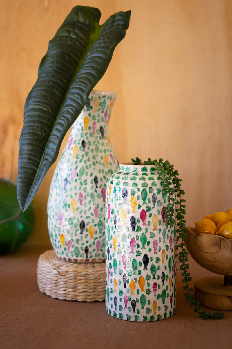 Short Spun Bamboo Vase with Capiz Shell Fish Detail