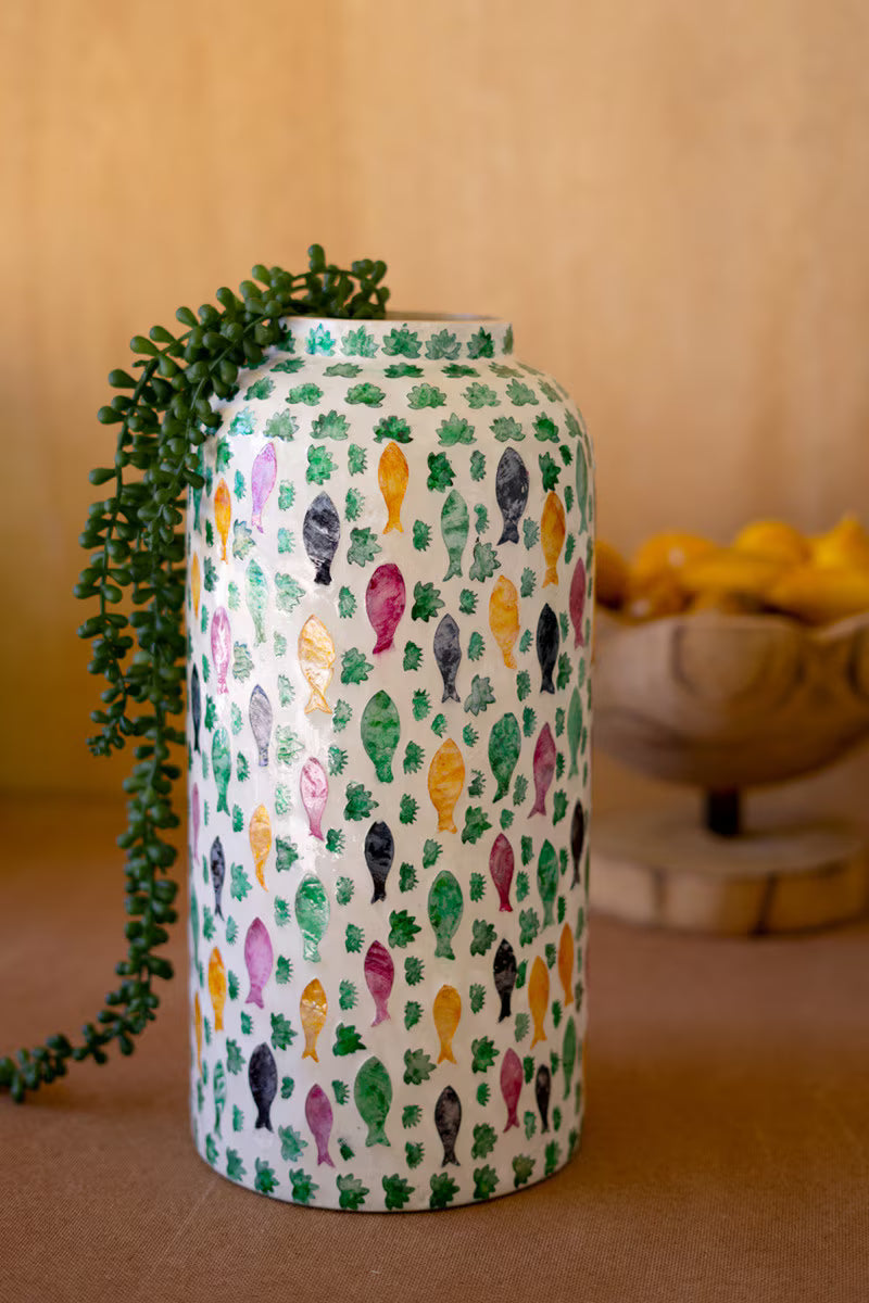 Short Spun Bamboo Vase with Capiz Shell Fish Detail