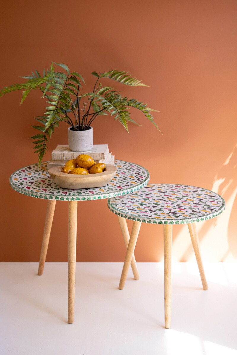 Set of 2 Wooden Accent Tables with Capiz Shell Fish Detail