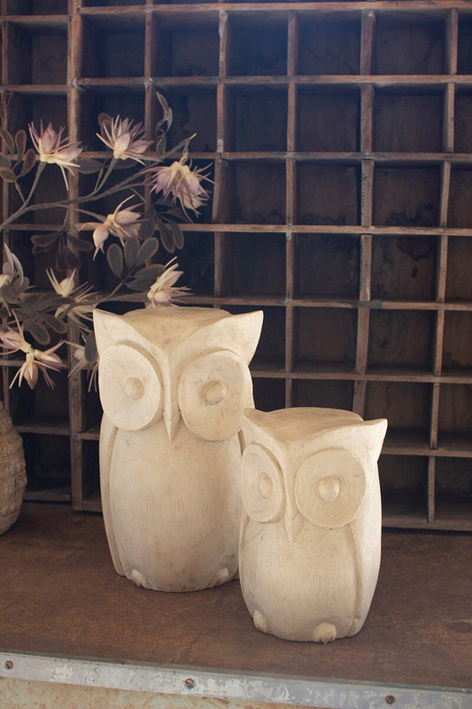 Set of 2 Carved Wood Owls