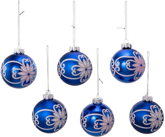 Shiny And Matte Blue Flowers Glass Ball- 6 Piece Boxed Ornament