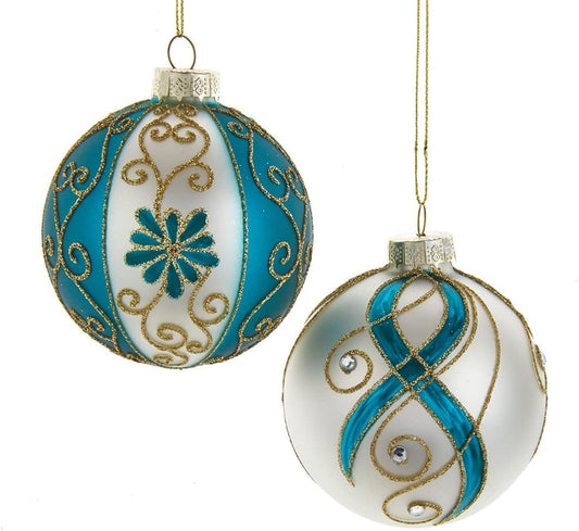 Dark Teal And White Embellished Ball- 6 Piece Ornament Set