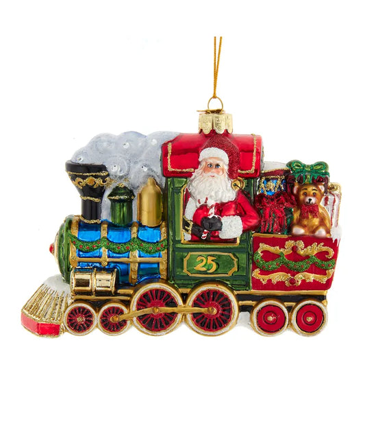 Bellissimo Glass Santa With Train Ornament