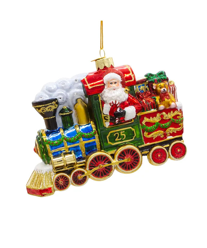 Bellissimo Glass Santa With Train Ornament
