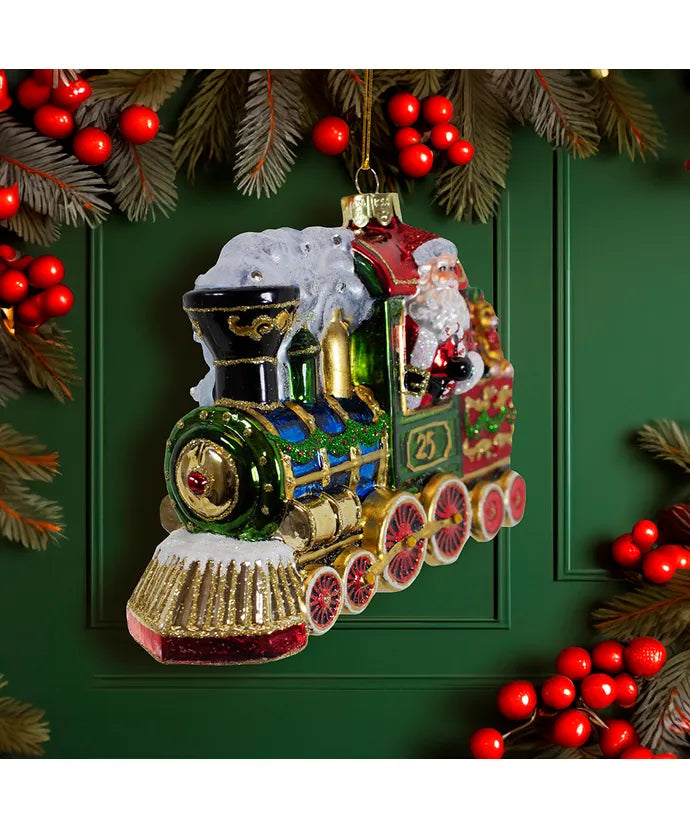 Bellissimo Glass Santa With Train Ornament