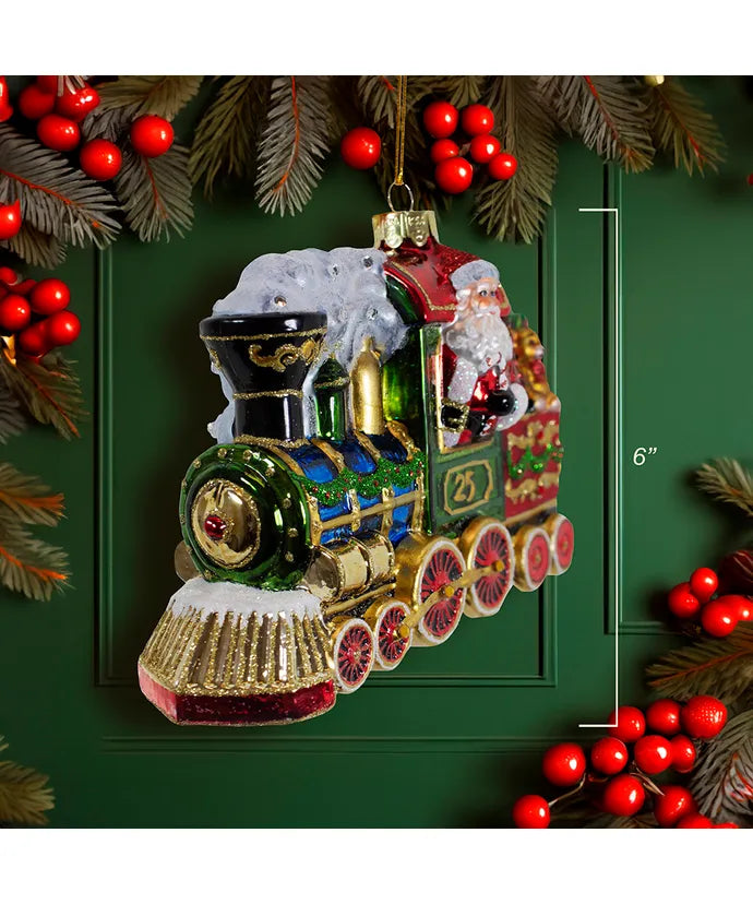 Bellissimo Glass Santa With Train Ornament