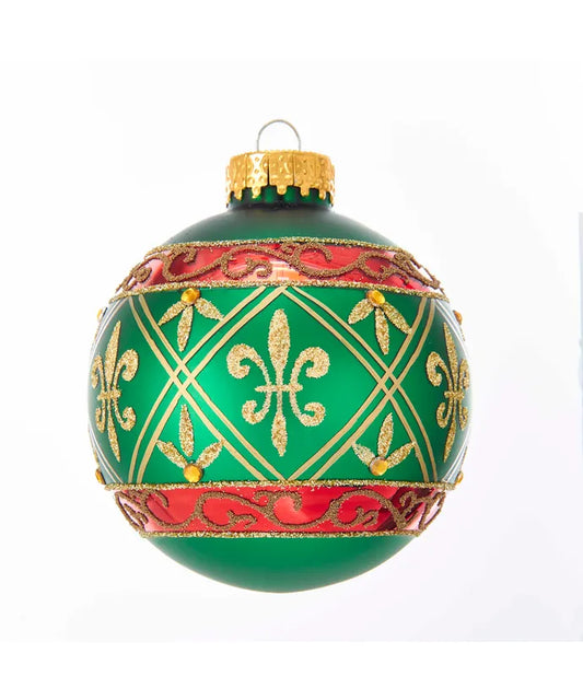 80MM Glass Green Ball Ornament With Red And Gold Fleur-De-Lis Design- 6-Piece Box