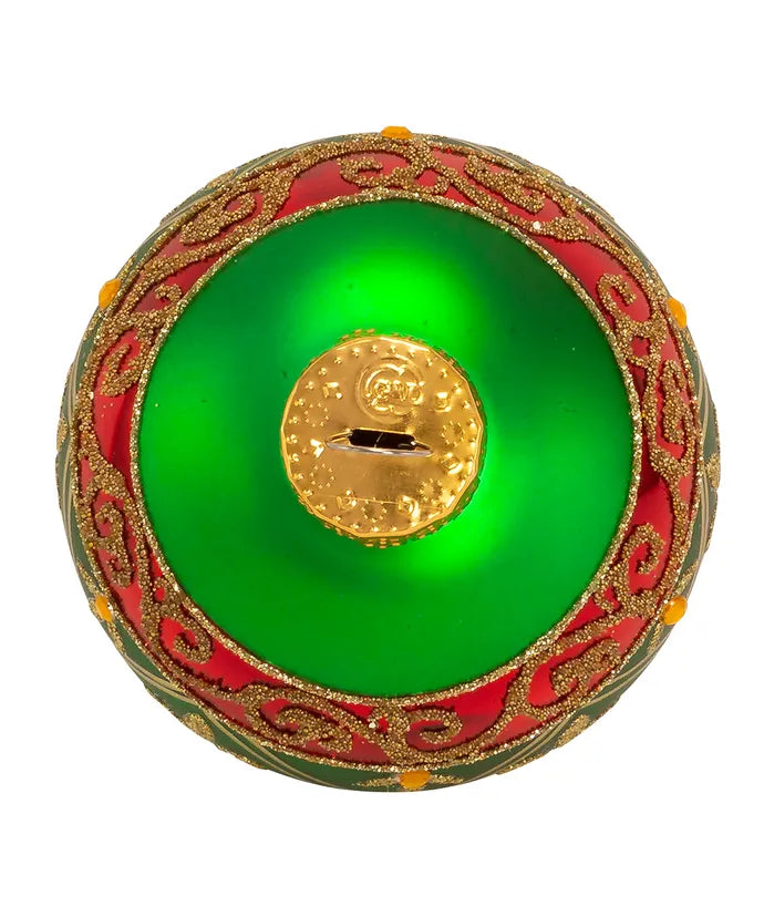 80MM Glass Green Ball Ornament With Red And Gold Fleur-De-Lis Design- 6-Piece Box