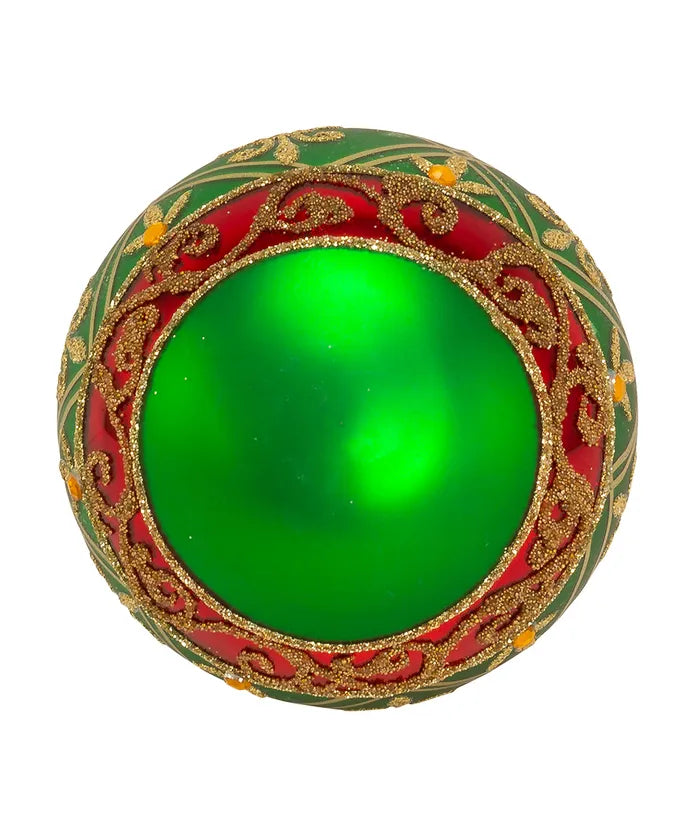 80MM Glass Green Ball Ornament With Red And Gold Fleur-De-Lis Design- 6-Piece Box