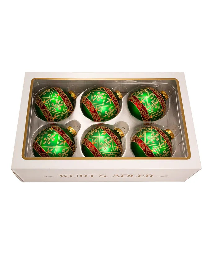 80MM Glass Green Ball Ornament With Red And Gold Fleur-De-Lis Design- 6-Piece Box