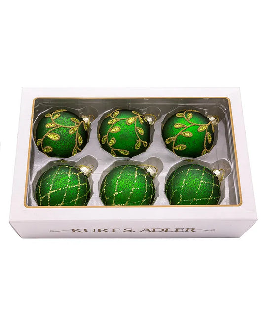80MM Glass Gold And Emerald Green Embellished Ball Ornaments, 6-Piece Box
