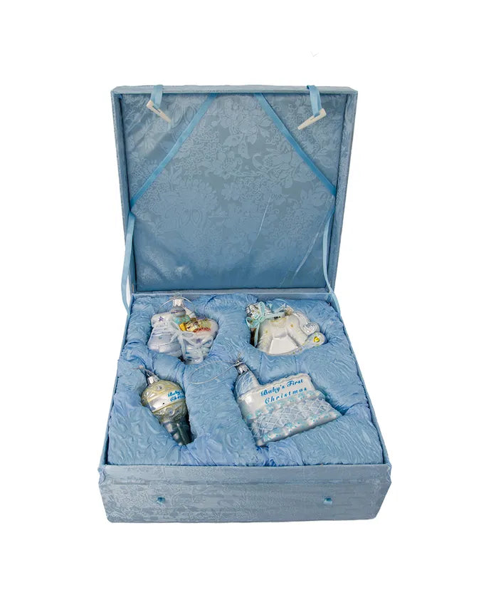 Baby Boy Glass Ornament Set, 4-Piece Box Set