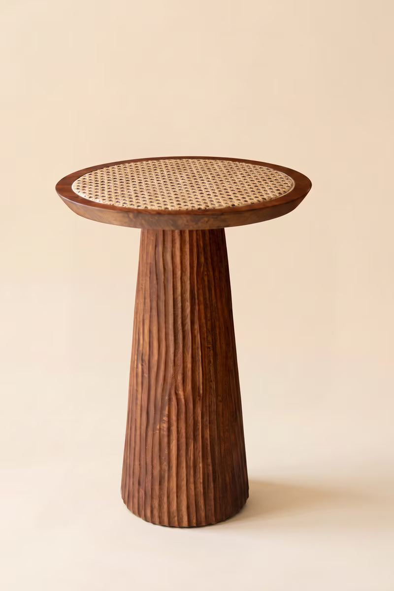 Round Wooden Side Table with Woven Cane Top