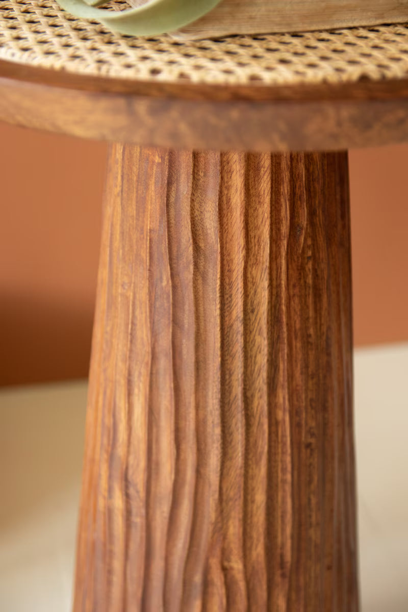 Round Wooden Side Table with Woven Cane Top